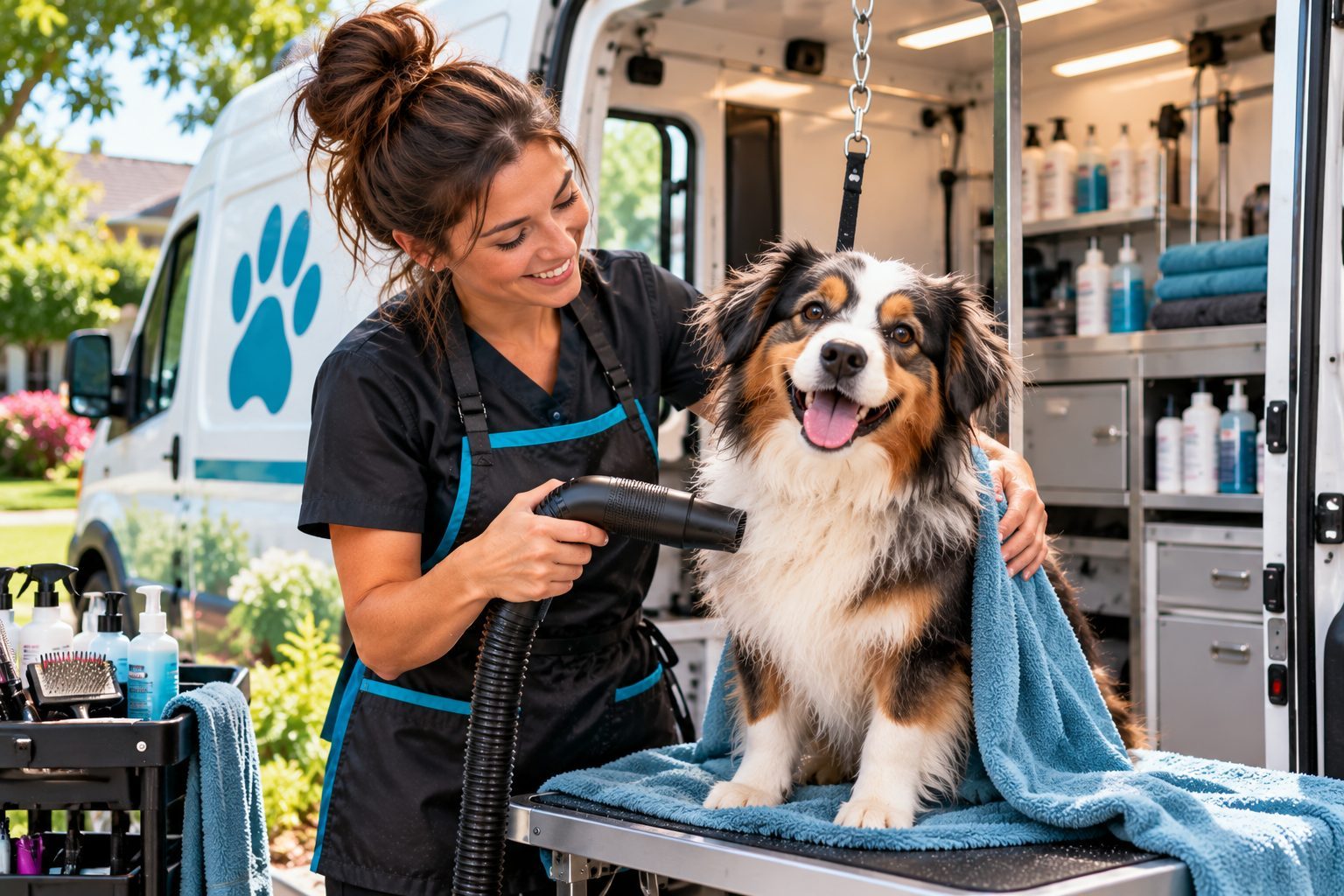 A groomer drying a dog inside the Fernwood mobile grooming van.