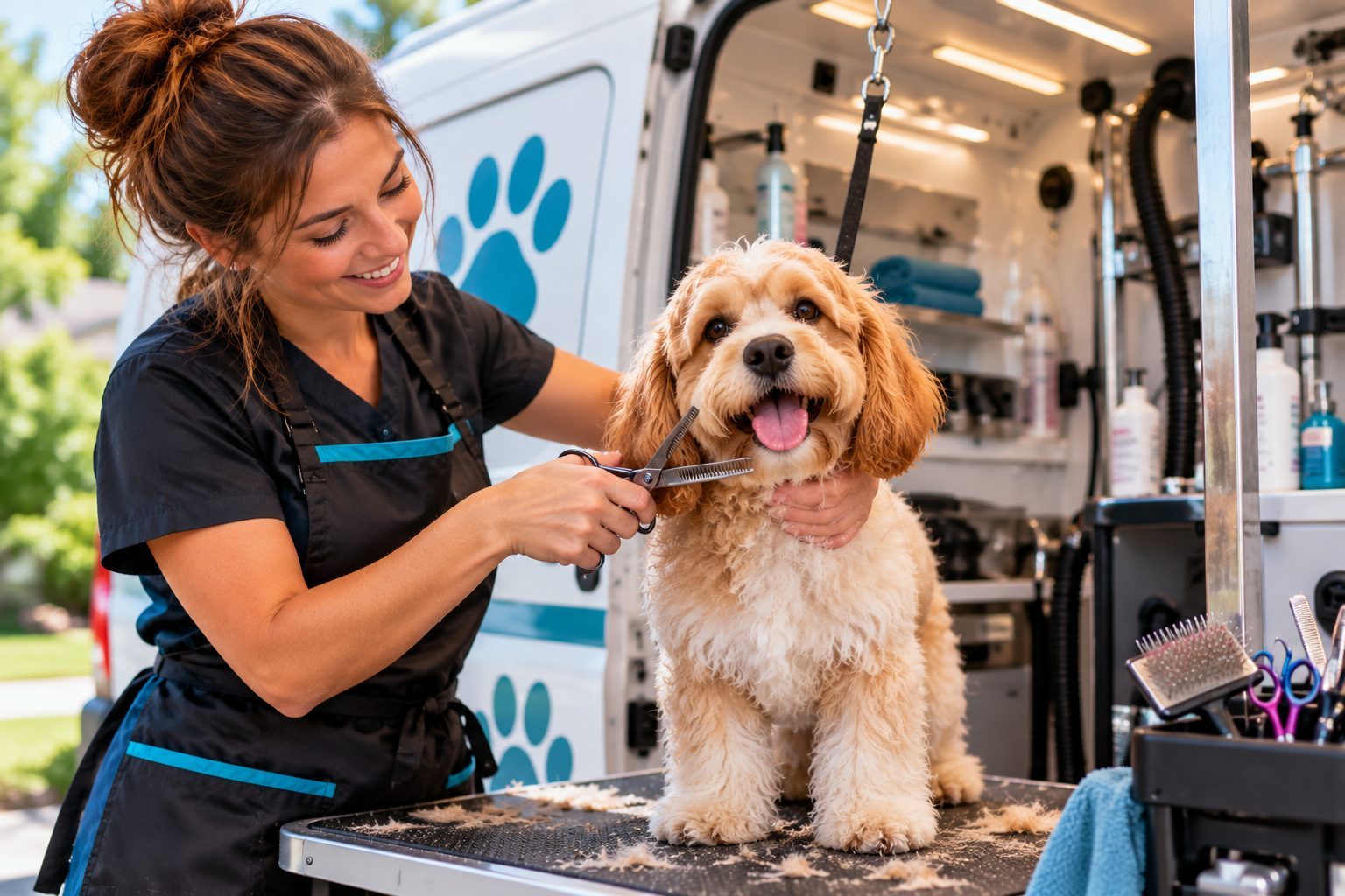 A groomer caring for a golden dog inside the Fernwood mobile grooming van