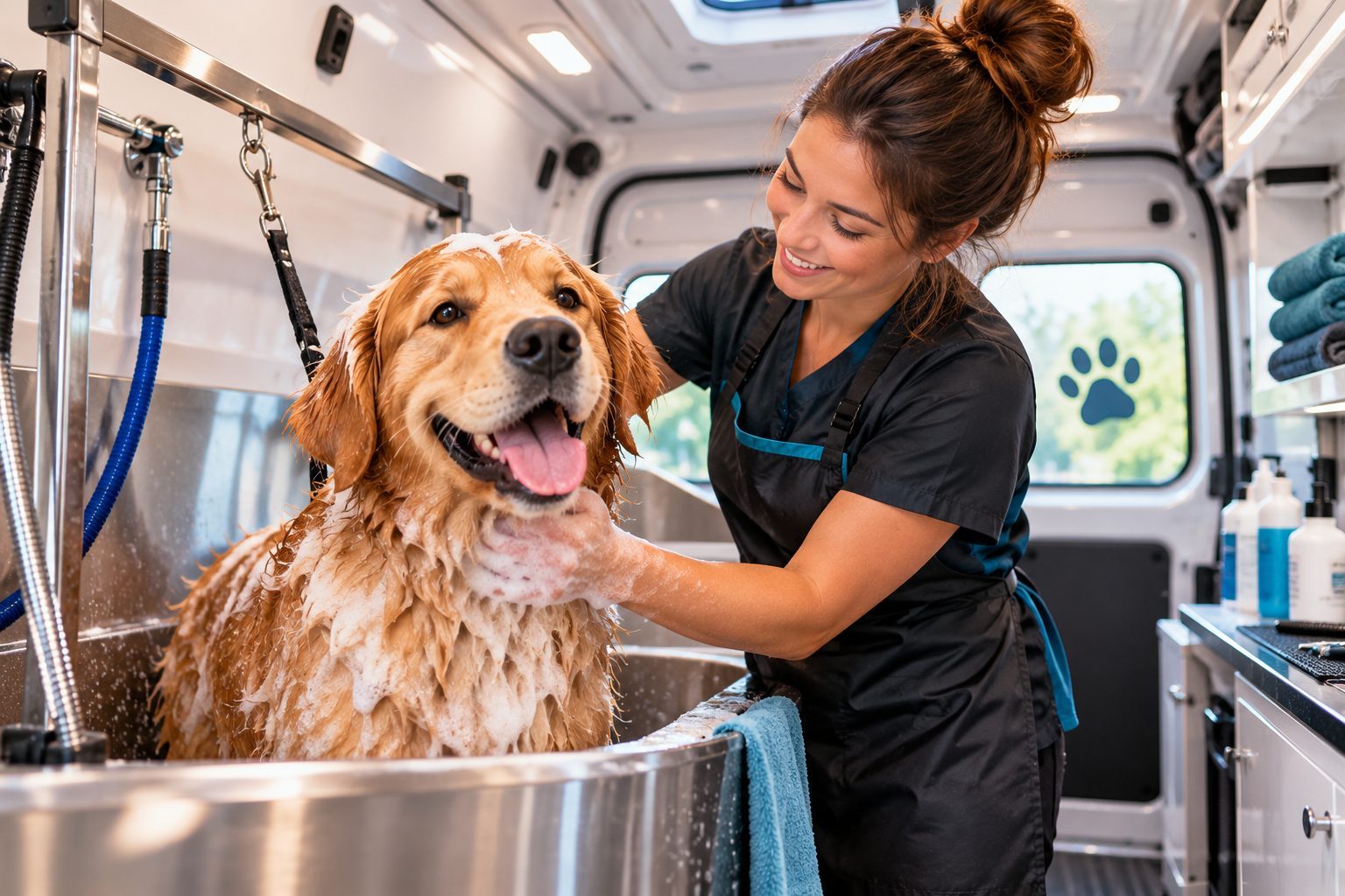 A groomer gently bathing a golden retriever inside the Fernwood mobile grooming van